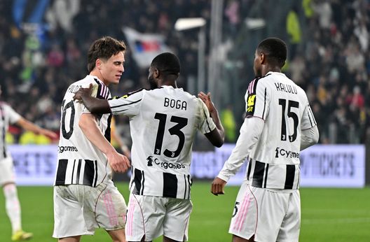 TURIN, ITALY - MARCH 7: Kenan Yildiz of Juventus FC celebrates a goal with teammates Jeremie Boga of Juventus FC and Pierre Kalulu of Juventus FC during the Serie A match between Juventus FC and Pisa SC at Allianz Stadium on March 7, 2026 in Turin, Italy. (Photo by Chris Ricco - Juventus FC/Juventus FC via Getty Images)
