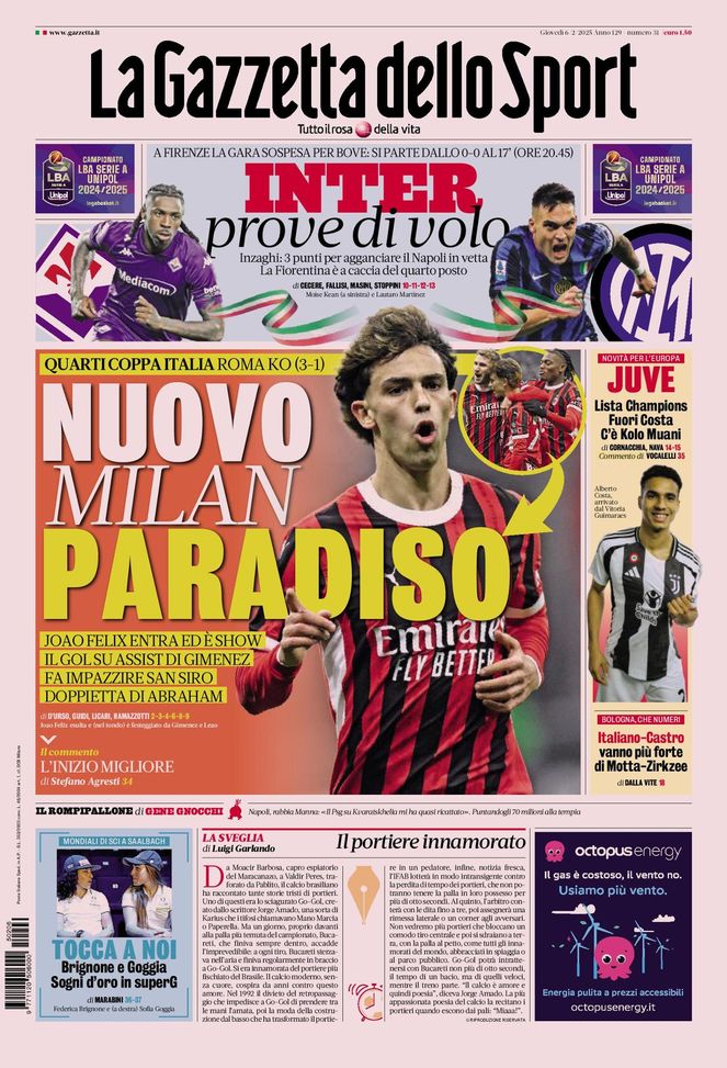Prima Pagina Gazzetta dello Sport 6 febbraio