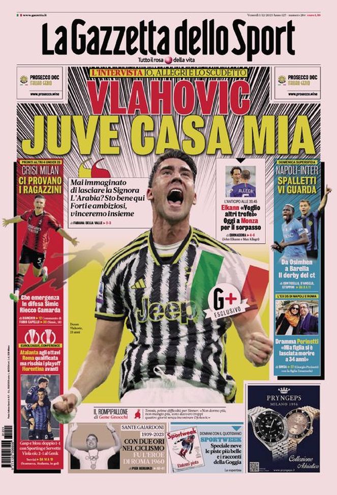 La Gazzetta dello Sport, la prima pagina di oggi, venerdì 1° dicembre 2023 La Gazzetta dello Sport
