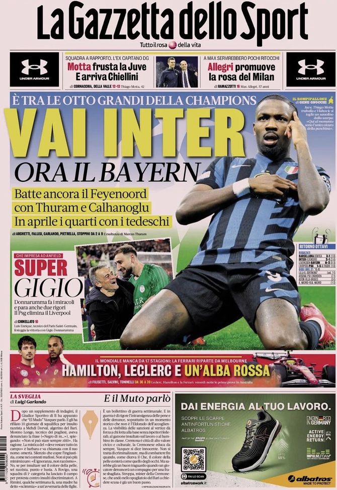 La Gazzetta dello Sport, la prima pagina di oggi, mercoledì 12 marzo 2025