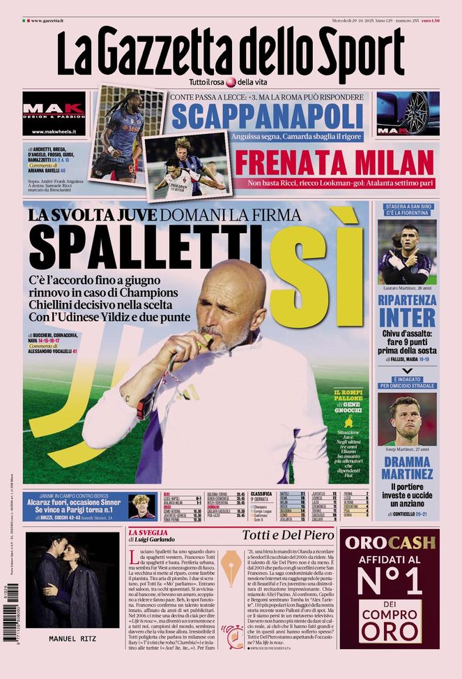 La Gazzetta dello Sport, la prima pagina di oggi, mercoledì 29 ottobre 2025 La Gazzetta dello Sport