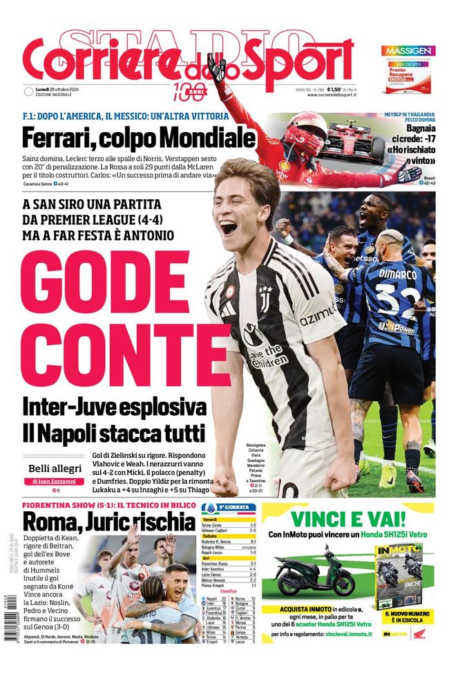 Il Corriere dello Sport, la prima pagina di oggi, lunedì 28 ottobre 2024