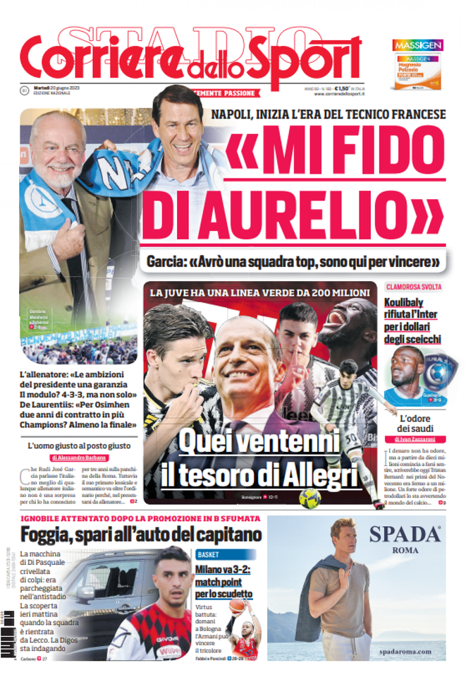 Il Corriere dello Sport, la prima pagina di oggi, martedì 20 giugno 2023 Il Corriere dello Sport