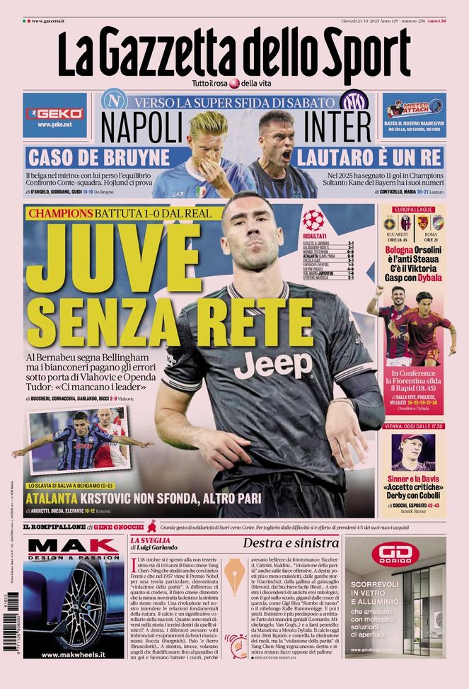 La Gazzetta dello Sport, la prima pagina di oggi, giovedì 23 ottobre 2025 La Gazzetta dello Sport