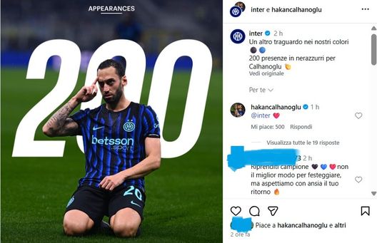 Inter-Liverpool, per Calhanoglu infortunio ma 200esima presenza. Il like sui social- immagine 2