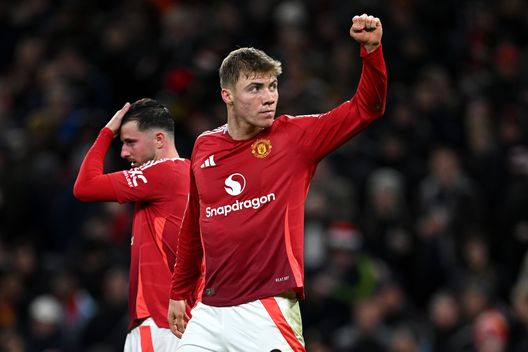 Rasmus Hojlund esulta dopo il gol in Manchester United vs Bodo/Glimt (Foto di Justin Setterfield/Getty Images) Tottenham LManchester United Postecoglu Amorim