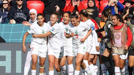 ADELAIDE, AUSTRALIA - JULY 30: Ibtissam Jraidi (2nd L) of Morocco celebrates with teammates after scoring her team's first goal during the FIFA Women's World Cup Australia & New Zealand 2023 Group H match between Korea Republic and Morocco at Hindmarsh Stadium on July 30, 2023 in Adelaide, Australia. (Photo by Sarah Reed/Getty Images)
