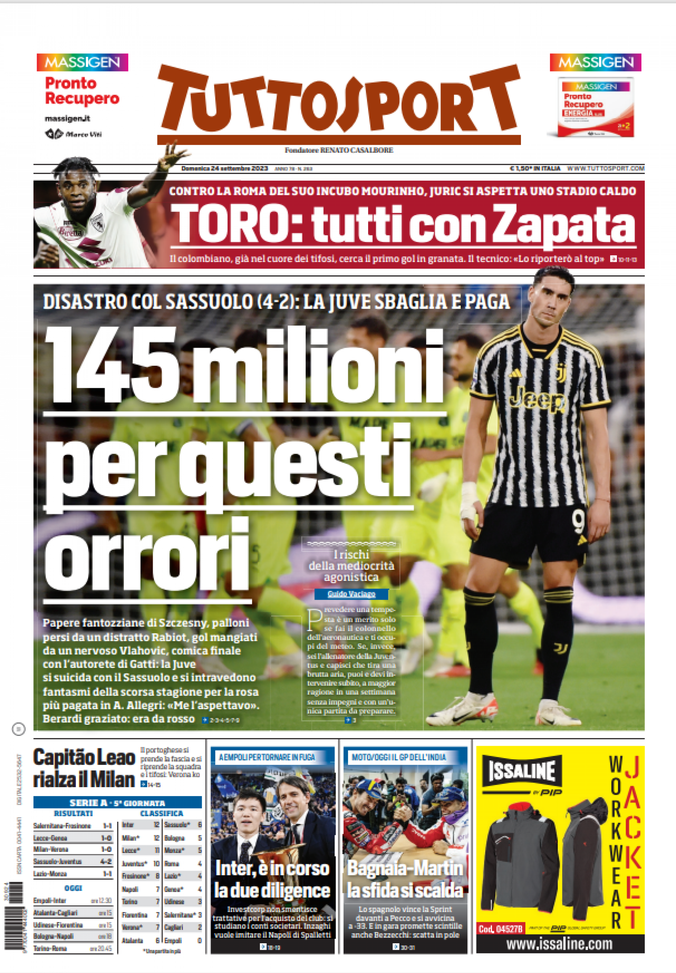 La prima pagina di Tuttosport 24-09-2023
