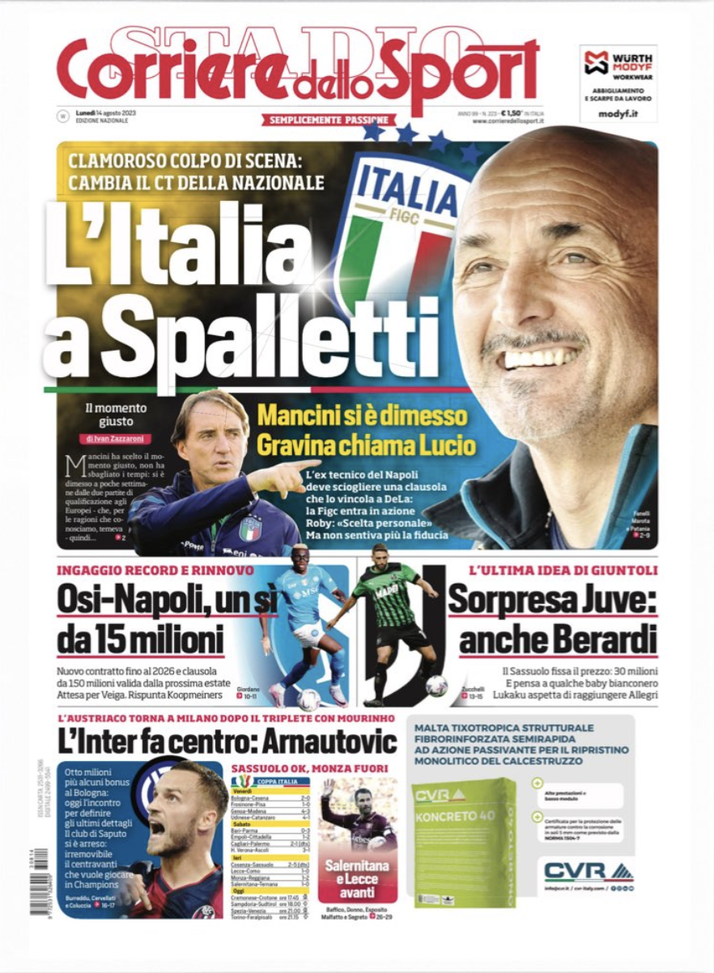 EDICOLA CDS – L’Inter fa centro: Arnautovic. L’Italia a Spalletti - immagine 1