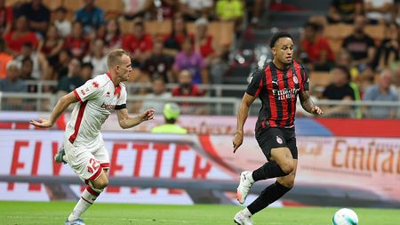 MILAN, ITALY - AUGUST 17: Noah Okafor of AC Milan in action during the Coppa Italia match between AC Milan and SSC Bari at Stadio San Siro on August 17, 2025 in Milan, Italy. (Photo by Claudio Villa/AC Milan via Getty Images)