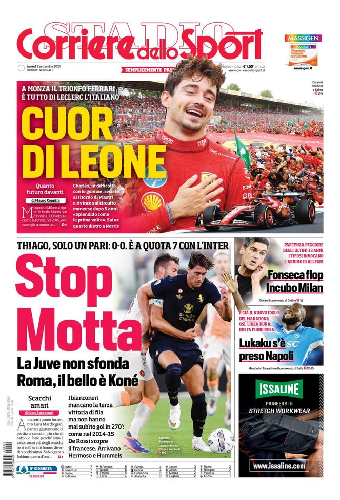 Il Corriere dello Sport, la prima pagina di oggi, lunedì 2 settembre 2024 Il Corriere dello Sport