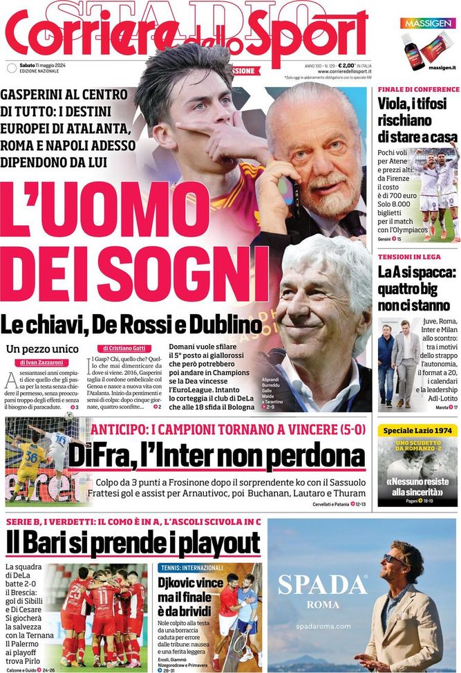 Il Corriere dello Sport, la prima pagina di oggi, sabato 11 maggio 2024 Il Corriere dello Sport