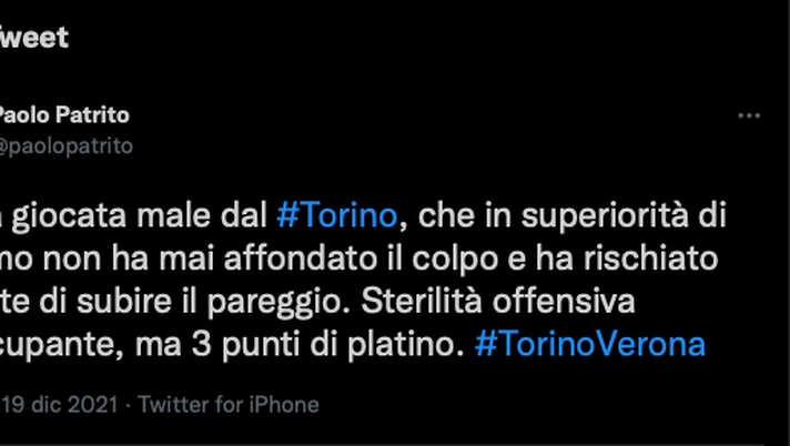 Torino-Verona 1-0, le reazioni social: “Tre punti di platino” - immagine 1