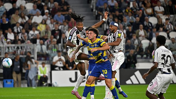 TURIN, ITALY - AUGUST 24: Khephren Thuram of Juventus FC and Gleison Bremer of Juventus FC battle for the ball with Alessandro Circati of Parma Calcio 1913 during the Serie A match between Juventus FC and Parma Calcio 1913 at Allianz Stadium on August 24, 2025 in Turin, Italy. (Photo by Filippo Alfero - Juventus FC/Juventus FC via Getty Images) Bremer Thuram
