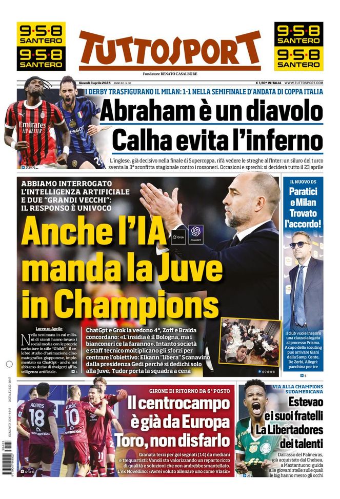 Tuttosport, la prima pagina di oggi, giovedì 3 aprile 2025 Tuttosport