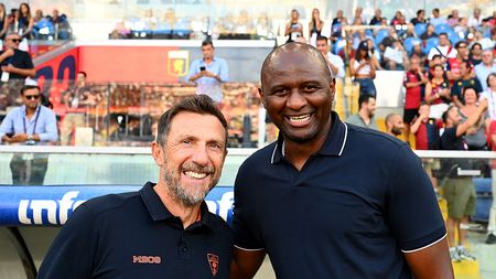 GENOA, ITALY - AUGUST 23: Eusebio Di Francesco, Head Coach of Lecce, and Patrick Vieira, Head Coach of Genoa, pose for a photo prior to the Serie A match between Genoa CFC and US Lecce at Luigi Ferraris Stadium on August 23, 2025 in Genoa, Italy. (Photo by Simone Arveda/Getty Images) Lecce-milan-di-francesco-arriva-una-squadra-arrabbiata-leao-meglio-per-noi-che-non-ci-sia-parole-dichiarazioni-conferenza-stampa