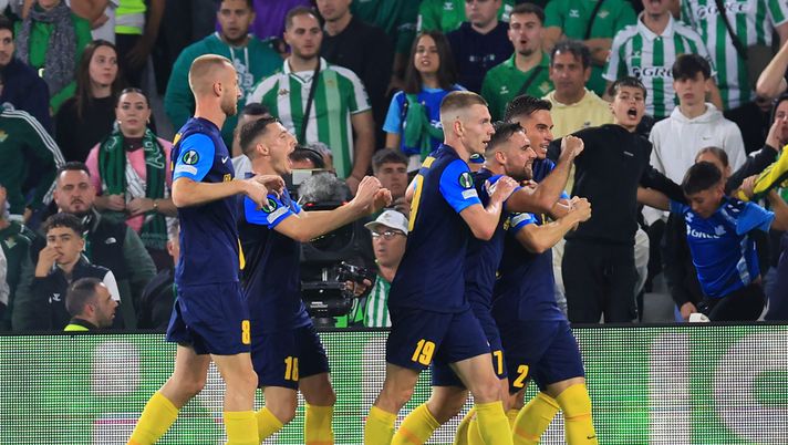 SEVILLE, SPAIN - NOVEMBER 07: Juanjo Nieto of NK Celje celebrates scoring his team's first goal during the UEFA Conference League 2024/25 League Phase MD3 match between Real Betis Balompie and NK Celje at Estadio Benito Villamarín on November 07, 2024 in Seville, Spain. (Photo by Fran Santiago/Getty Images) Celje