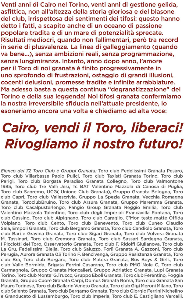 La lettera di 72 Club e Gruppi granata: “Cairo vendi il Torino e liberaci!”- immagine 2