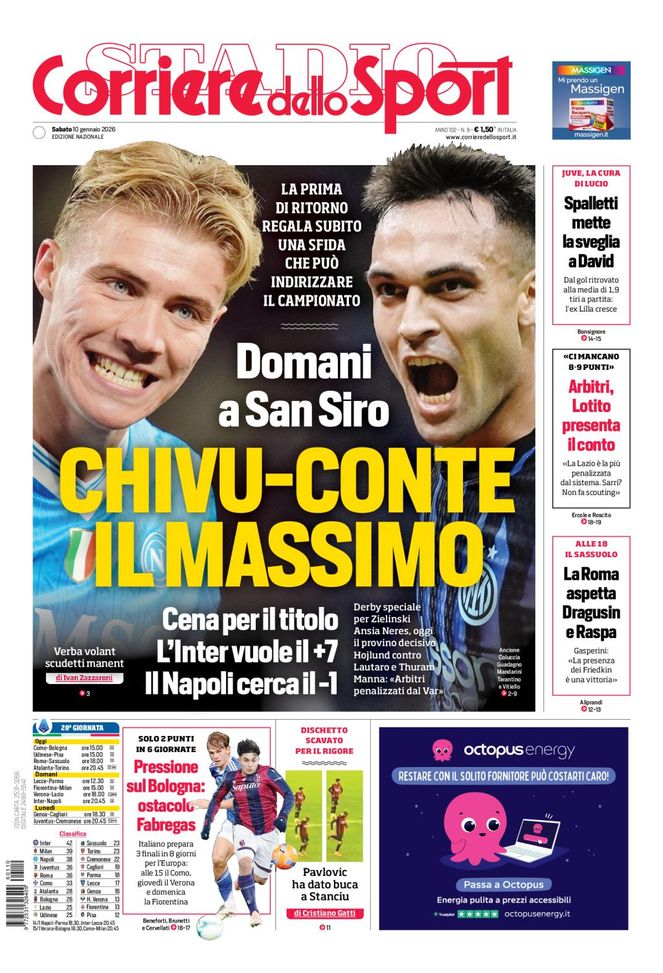 Il Corriere dello Sport, la prima pagina di oggi, sabato 10 gennaio 2026 Il Corriere dello Sport