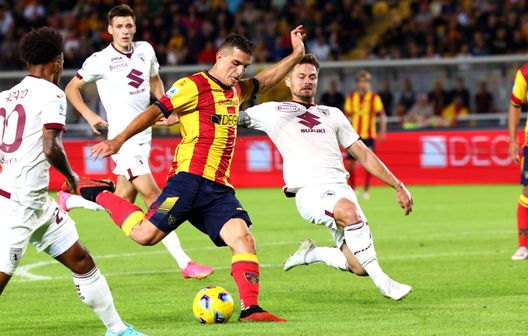 LECCE, ITALY - OCTOBER 28: Nikola Krstovic of Lecce in action during the Serie A TIM match between US Lecce and Torino FC at Stadio Via del Mare on October 28, 2023 in Lecce, Italy. (Photo by Maurizio Lagana/Getty Images)