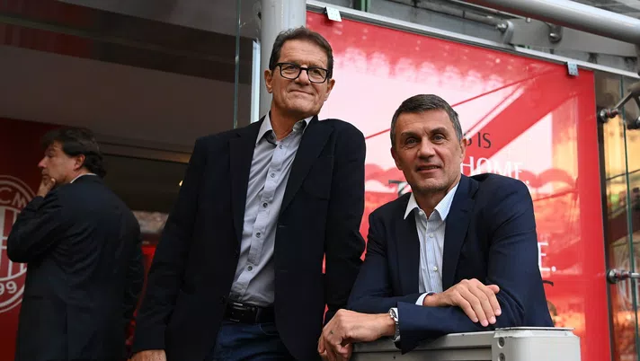 MILAN, ITALY - OCTOBER 22: Paolo Maldini and Fabio Capello attend before the Serie A match between AC Milan and AC Monza at Stadio Giuseppe Meazza on October 22, 2022 in Milan, Italy . (Photo by Claudio Villa/AC Milan via Getty Images)