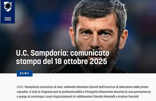 Il comunicato sul sito ufficiale della Samp La Samp esonera Donati, la moglie reagisce con rabbia sui social- immagine 2