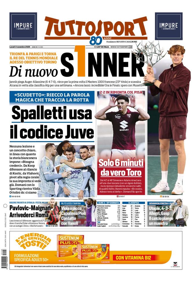 Tuttosport, la prima pagina di oggi, lunedì 3 novembre 2025 Tuttosport
