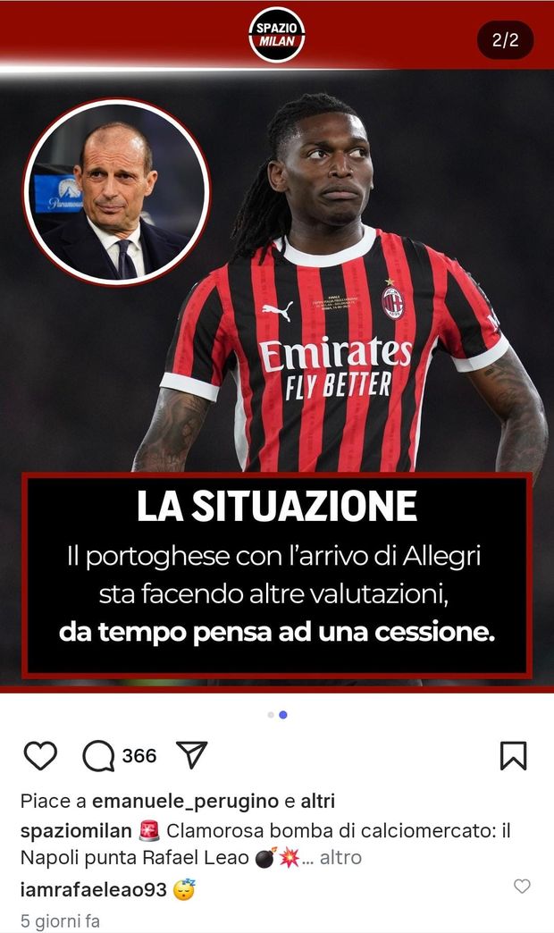 Leao sbuffa sui social: “Che noia…” in merito alle voci di cessione- immagine 3