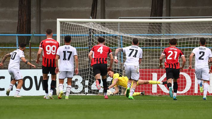 SOLBIATE ARNO, ITALY - APRIL 13: Lapo Nava of Milan Futuro saves a penalty during the Serie C match between Milan Futuro and Ternana at Stadio Felice Chinetti on April 13, 2025 in Solbiate Arno, Italy. (Photo by Giuseppe Cottini/AC Milan via Getty Images) Milan Lucchese