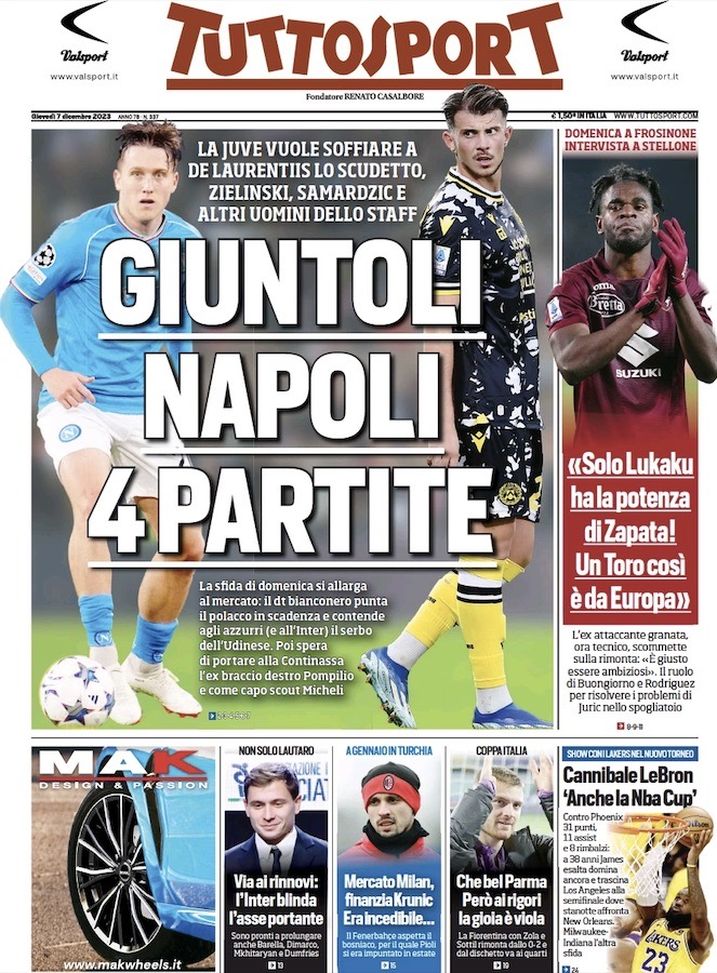 Tuttosport, la prima pagina di oggi, giovedì 7 dicembre 2023 Tuttosport