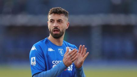 EMPOLI, ITALY - JANUARY 28: Francesco Caputo of Empoli FC greets the fans after during the Serie A match between Empoli FC and Torino FC at Stadio Carlo Castellani on January 28, 2023 in Empoli, Italy. (Photo by Gabriele Maltinti/Getty Images)