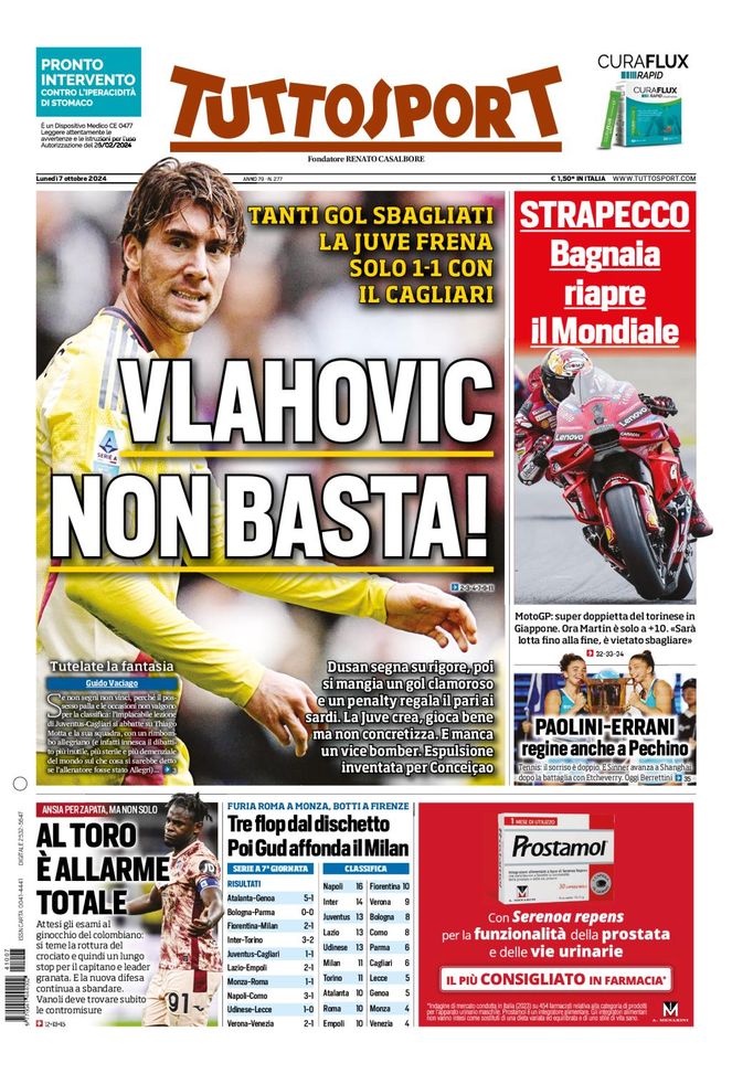 Tuttosport, la prima pagina di oggi, lunedì 7 ottobre 2024 Tuttosport