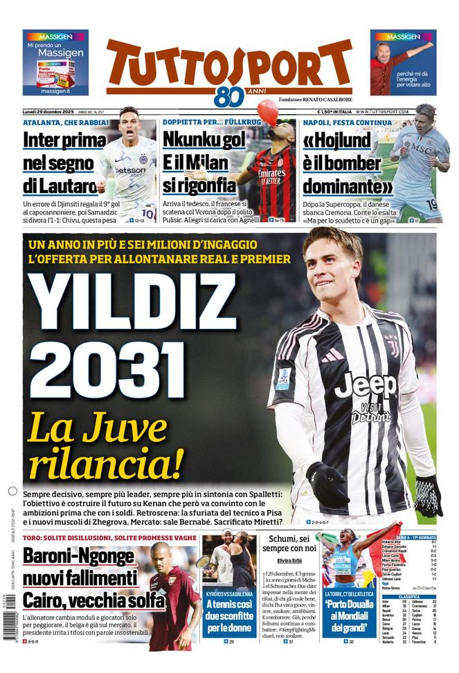 Tuttosport, la prima pagina di oggi, lunedì 29 dicembre 2025 Tuttosport