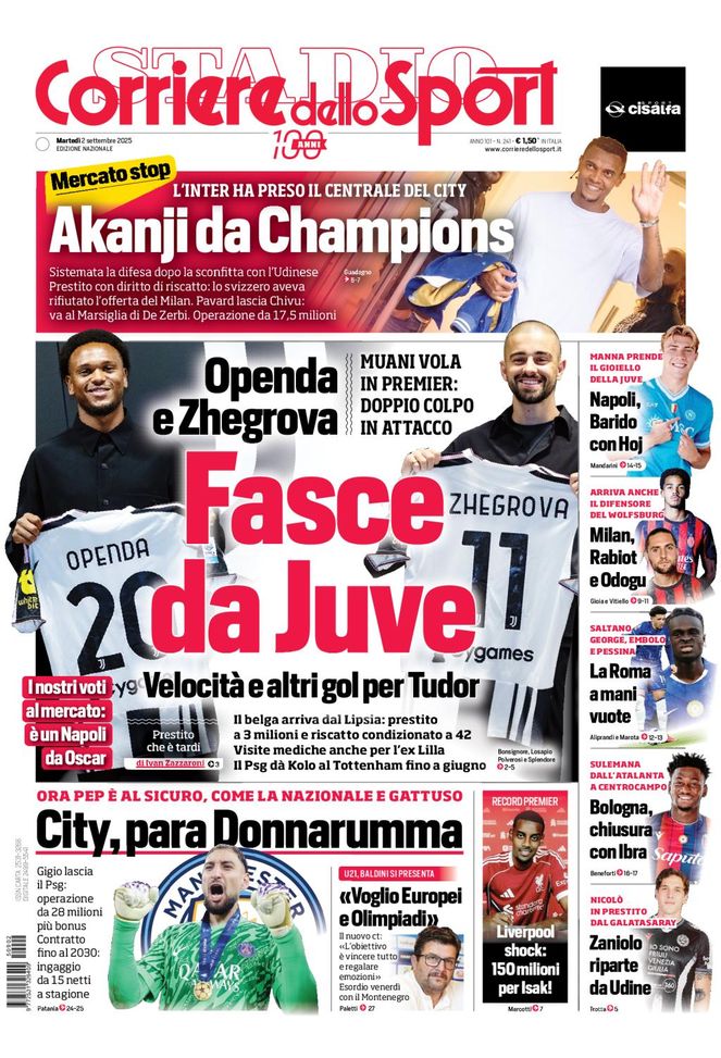 Il Corriere dello Sport, la prima pagina di oggi, martedì 2 settembre 2025 Il Corriere dello Sport