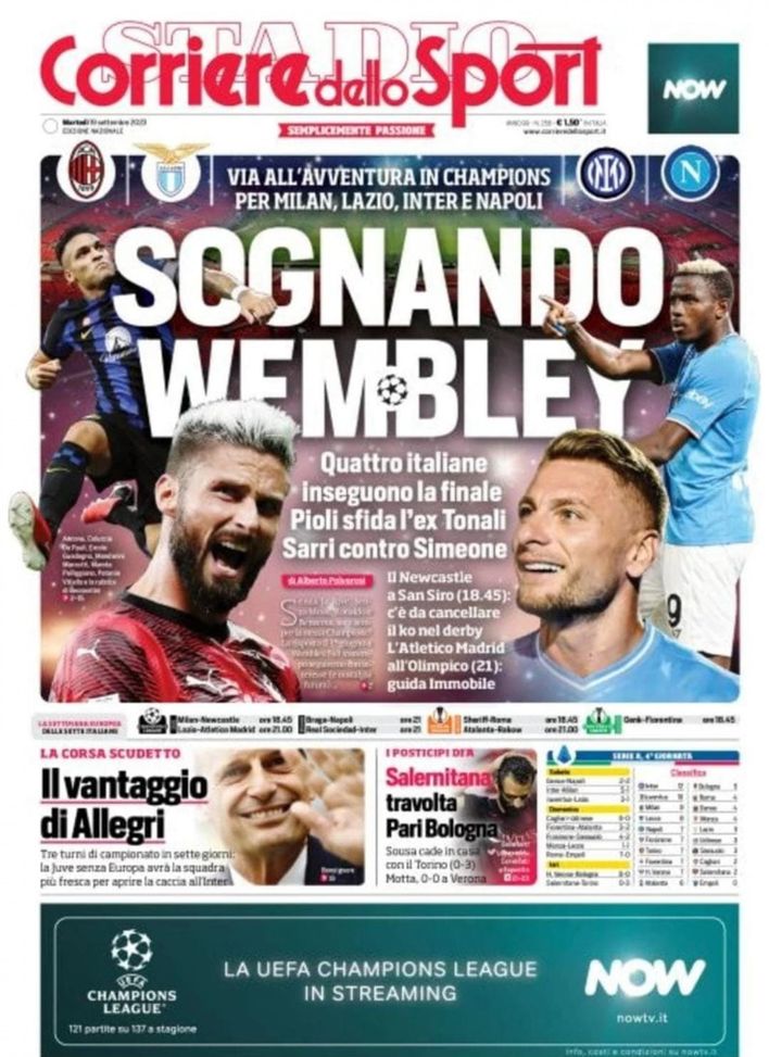 Prima pagina Corriere dello Sport 19-09-2023