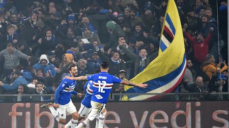 GENOA, ITALY - DECEMBER 14: Manolo Gabbiadini celebrates after scoring his first goal during the Serie A match between Genoa CFC and UC Sampdoria at Stadio Luigi Ferraris on December 15, 2019 in Genoa, Italy. (Photo by Paolo Rattini/Getty Images)