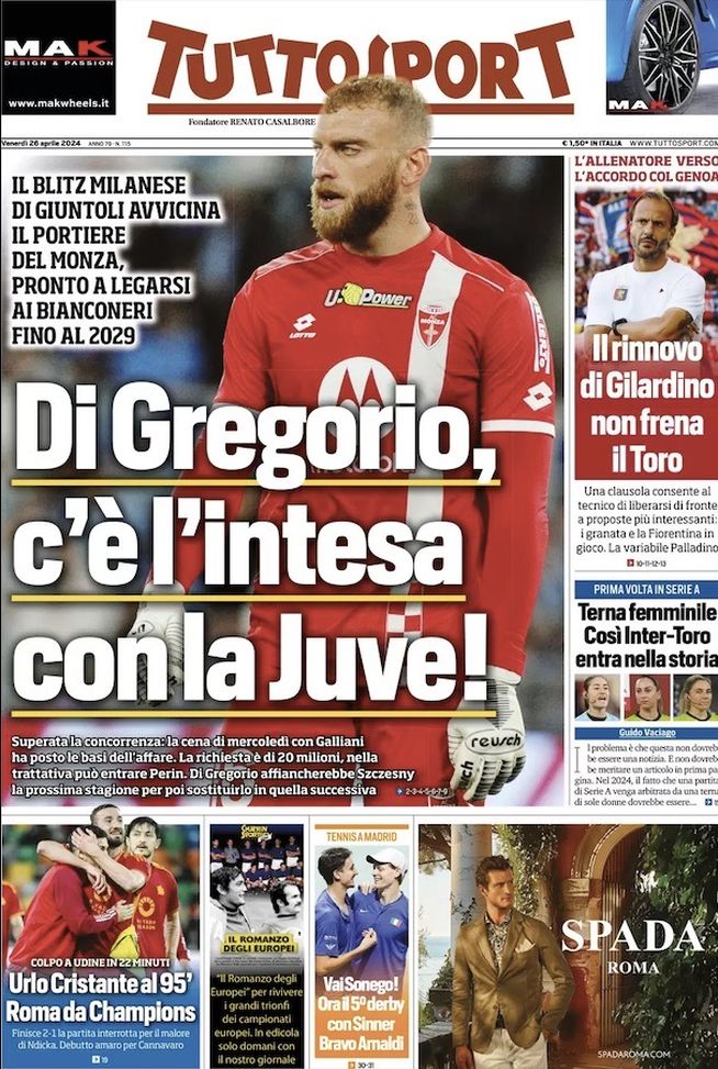 Tuttosport, la prima pagina di oggi, venerdì 26 aprile 2024 Tuttosport