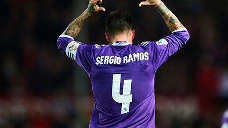 SEVILLE, SPAIN - JANUARY 12: Sergio Ramos of Real Madrid CF celebrates after scoring the second goal of Real Madrid CF during the Copa del Rey Round of 16 Second Leg match between Sevilla FC vs Real Madrid CF at Ramon Sanchez Pizjuan stadium on January 12, 2017 in Seville, Spain. (Photo by Aitor Alcalde/Getty Images)