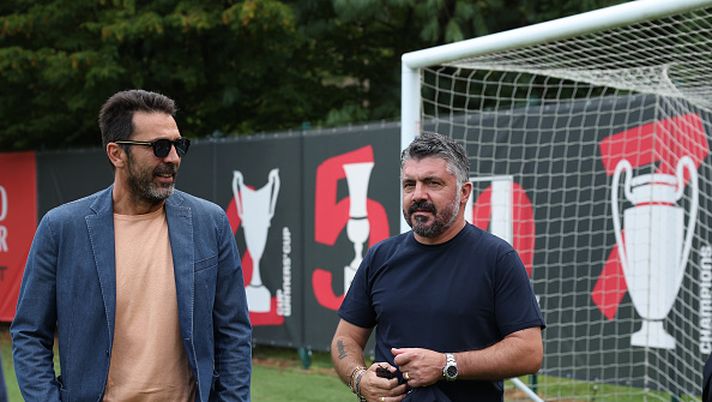 CAIRATE, ITALY - AUGUST 20: Italy Head Coach Gennaro Gattuso looks on during AC Milan training session at Milanello on August 20, 2025 in Cairate, Italy. (Photo by Claudio Villa/AC Milan via Getty Images)  Rino Gattuso