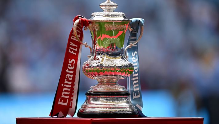 LONDON, ENGLAND - MAY 25: A detailed view as the FA Cup Trophy is displayed on a plinth prior to the Emirates FA Cup Final match between Manchester City and Manchester United at Wembley Stadium on May 25, 2024 in London, England. (Photo by Mike Hewitt/Getty Images) FA Cup