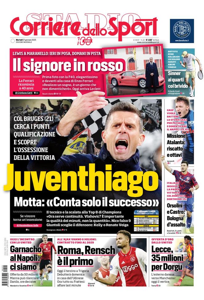 Il Corriere dello Sport, la prima pagina di oggi, martedì 21 gennaio 2025 Il Corriere dello Sport