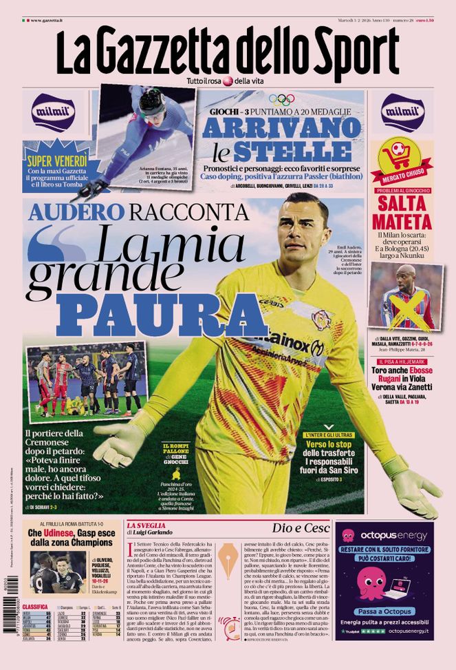 La Gazzetta dello Sport, la prima pagina di oggi, martedì 3 febbraio 2026 La Gazzetta dello Sport