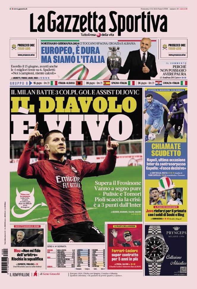 La prima pagina de La Gazzetta dello Sport 03/12/2023