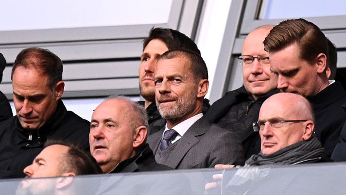 LEIPZIG, GERMANY - JANUARY 25: Aleksander Ceferin, President of UEFA, looks on during the Bundesliga match between RB Leipzig and Bayer 04 Leverkusen at Red Bull Arena on January 25, 2025 in Leipzig, Germany. (Photo by Stuart Franklin/Getty Images)  Ceferin stadi
