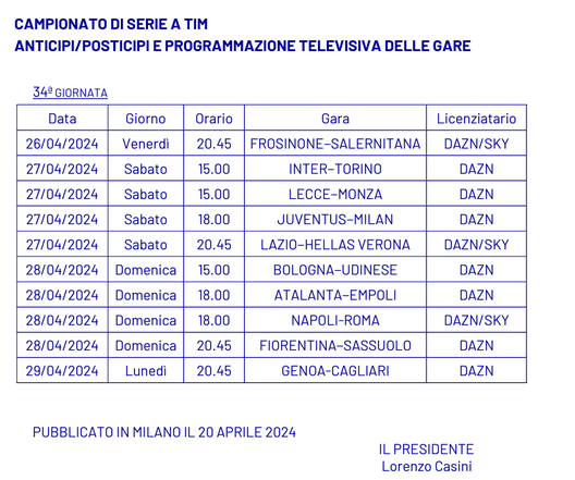 Serie A 2023/2024 giornata 34 anticipi e posticipi Serie A 2023/2024 giornata 34 anticipi e posticipi