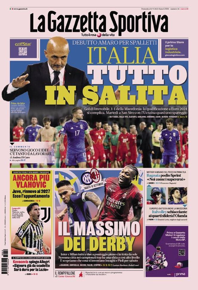 La prima pagina de La Gazzetta dello Sport 10-09-2023