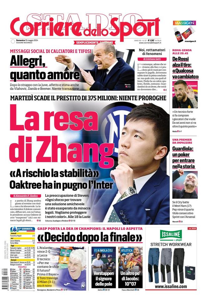 EDICOLA / CdS: La resa di Zhang, Oaktree ha in pugno l’Inter - immagine 1