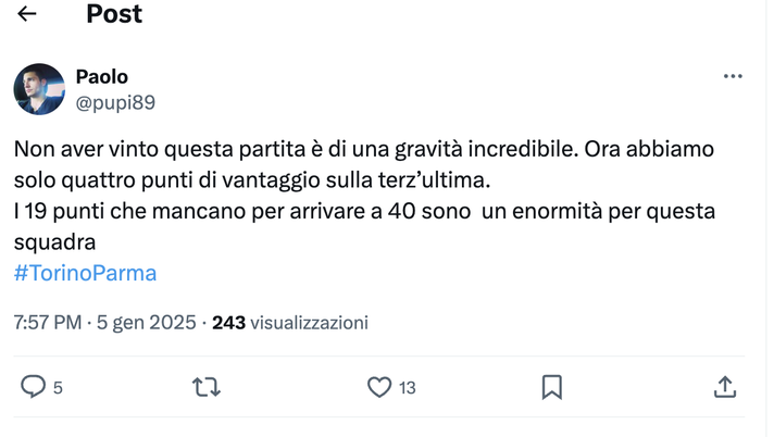Torino-Parma 0-0, le reazioni social:”Non aver vinto questa partita è grave” - immagine 1