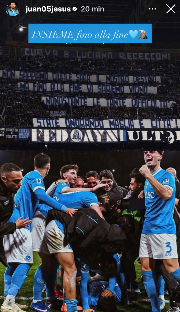 “Insieme fino alla fine”: il messaggio social di Juan Jesus ai tifosi azzurri – FOTO- immagine 2