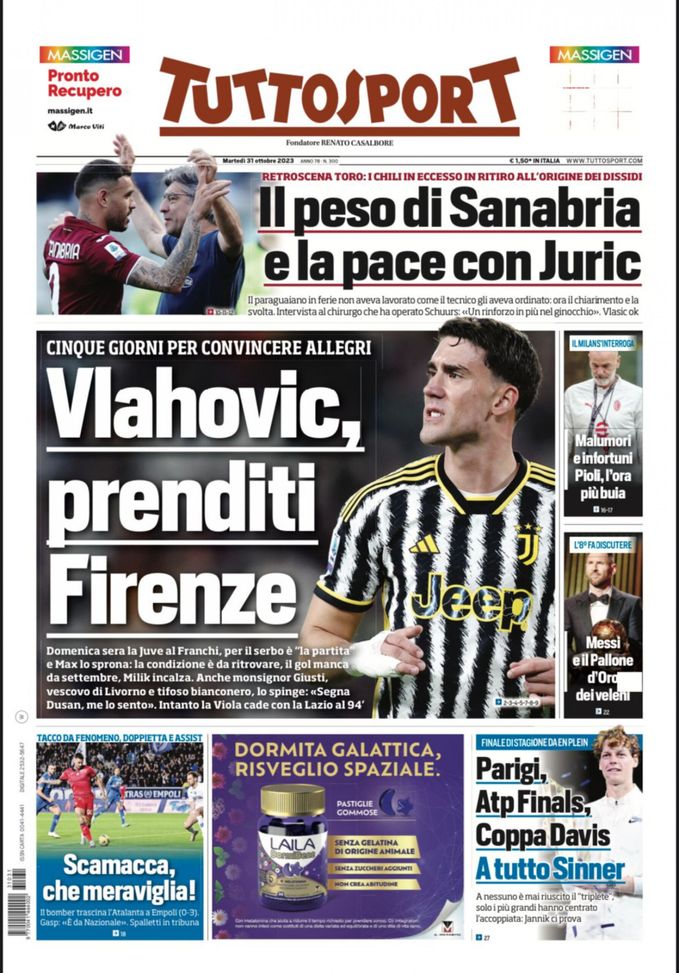 La prima pagina di Tuttosport 31-10-2023